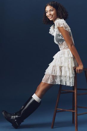 Sau Lee Roux Mock-Neck Lace Ruffle Dress