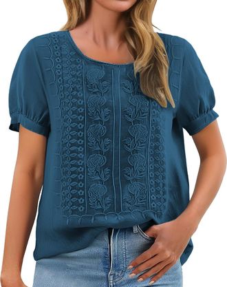 Generic Linen Tops for Women UK, Short Sleeve Crew Neck Embroidered Printed Cotton Linen Shirts Casual Fashion Summer Blouses Ladies Summer Tops Navy