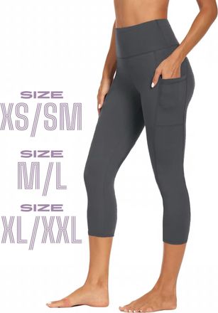 Generic Womens High Waisted 3/4 Length Cropped Gym/Yoga/Running Leggings with Pockets (UK, Alpha, XL, XXL, Regular, Regular, Charcoal Grey)