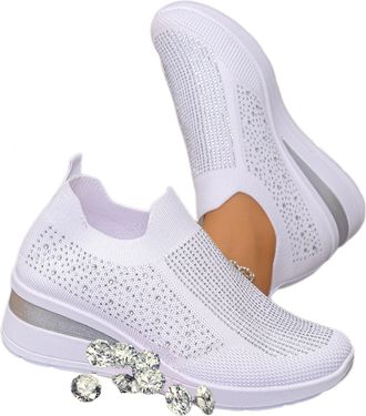 Generic Breathable Rhinestone Embellished Orthopedic Sneakers, Mesh Slip-On Wedge Sneakers, Glitter Tennis Shoes for Walking Wedding and Daily Wear (8.5,White