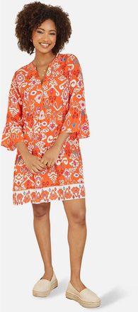 Yumi Flared Ikat Print 3/4 Sleeve Tunic Dress in Orange at Nordstrom, Size 16