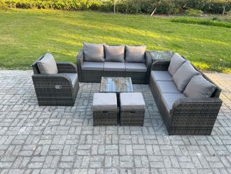 Fimous Outdoor Rattan Garden Furniture Set Conservatory Patio Sofa Coffee Table With Reclining Chair Side Table 2 Small Footstools in Dark Grey