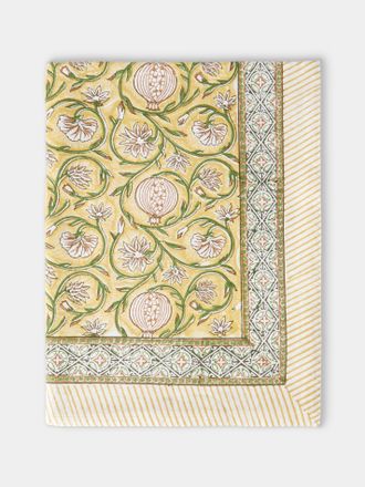 Chamois Tangier Pomegranate Block-Printed Cotton Rectangular Tablecloth (138in/3.5m)