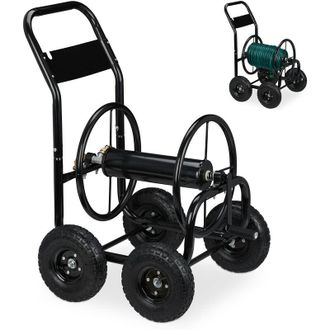 Relaxdays Carro Portamangueras, Recogemangueras M&oacute;vil, Metal, Para Mangueras De 75 M M&aacute;x., Con Manivela, 4 Ruedas, Negro - Relaxdays