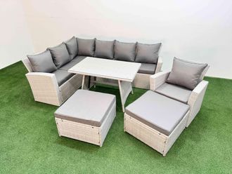 Fimous Garden Outdoor Rattan Furniture Set with 2 Big Footstools 9 Seater in Light Grey
