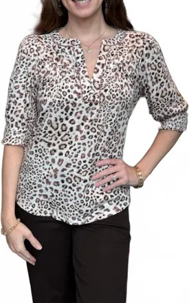 Democracy Print Top With Elbow Blouson Sleeve And Pintuck Detail In Ecru/oxblood Multi