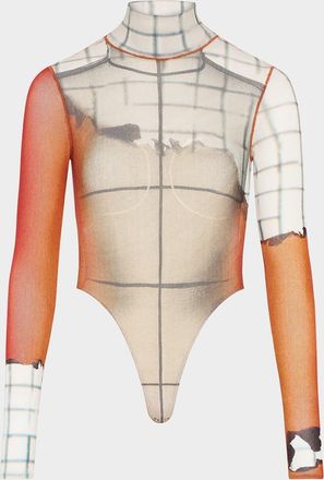 Jean Paul Gaultier Twisted Body-Print Mesh Long-Sleeve Bodysuit