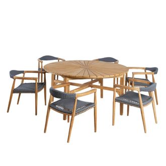 Wanda Collection Juego de mesa redonda de teca y 6 sillones de teca y cuerda