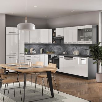 Vicco Cocina Esquinera Fame-line, Blanco Brillo/antracita, 347 X 257 Cm Sin Encimera