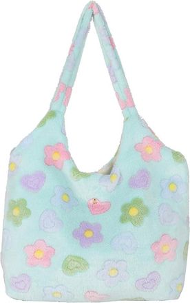Generic Women Plush Shoulder Bag Flower Pattern Cute Furry Hobo Bag Large Capacity Versatile Shopping Bag Soft Female Travel Bag (Blue)