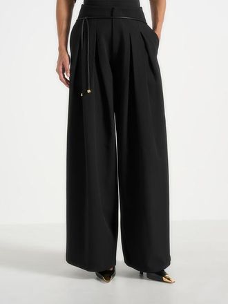 Mani&egrave;re De Voir Flora Box Pleat Wide Leg Belted Trousers in Black at Nordstrom, Size 10