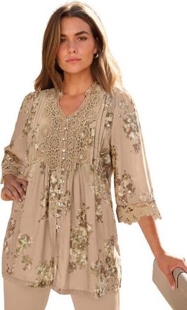 Roaman's Plus Size Juliet Lace Trim Button Down Shirt in New Khaki Watercolor Bouquet at Nordstrom, Size 44