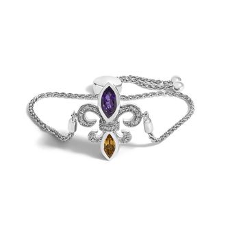 House of Brilliance Sterling Silver Amethyst, Citrine & Diamond Accent Lariat Fleur De Lis Adjustable Bolo Bracelet