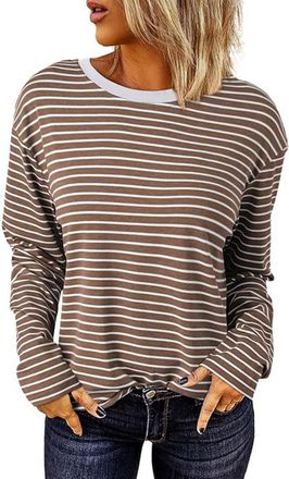Generic HUIFUAO Long Sleeve T Shirt Women Long Sleeve V Neck T Shirts for Women Crew Neck Knit Basic Stripe T Shirts Long Sleeve T Shirts for Women (Brown, S)