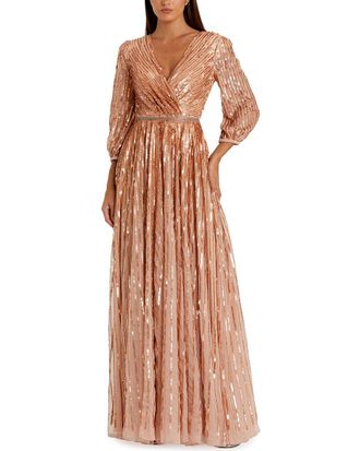 Mac Duggal Sequined Wrap Over 3/4 Sleeve Gown