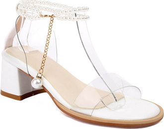 Generic Womens Pearl Ankle Strap Wedding Dress Shoes Open Toe Slingback Summer Sandals Mid Block Heel Bridal Pumps,White,2.5 UK