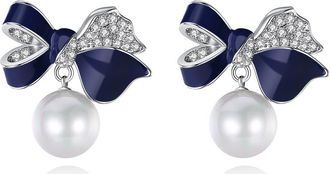 Classicharms Blue Enamel Butterfly Imitation Pearl Dangle Earrings in Silver at Nordstrom
