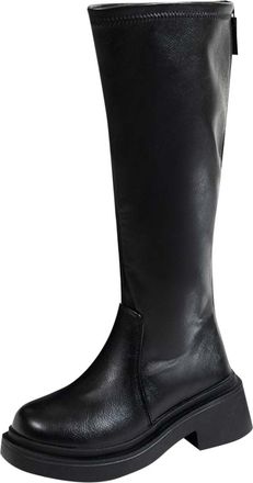 Generic Womens Wide Calf Knee High Boots Chunky Block Heel Round Toe Pull On Platform Boots Ladies Fall Winter Casual Comfortable Elastic Low-Heeled Long Shoe