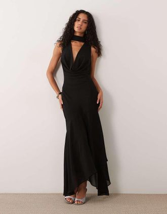 Tfnc Vestito lungo in chiffon da damigella donore con scollo ad anello e laccio al collo nero