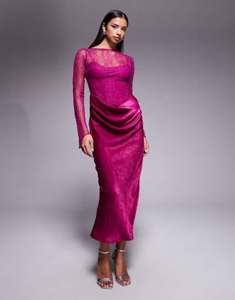 Asos Vestito lungo accollato a maniche lunghe in pizzo con strato superiore della gonna drappeggiato in velluto color prugna-Viola