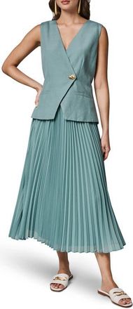DKNY Mixed Media Linen Blend Pleated Midi Dress in Waterlily at Nordstrom, Size 12