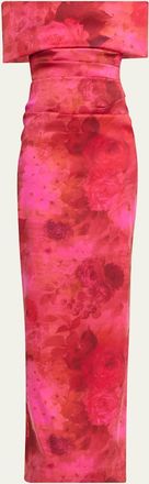 Teri Jon Floral Stretch Mikado Off-Shoulder Gown