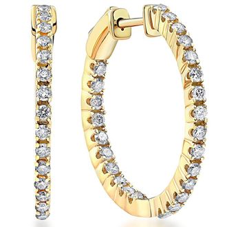 Pompeii3 14k White or Yellow Gold 1Ct TW Round Natural Diamond Hoops 1 Tall
