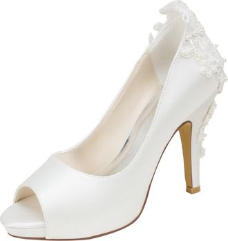 Emily Bridalwear Ivory Wedding Shoes Silk High Heel Peep Toe Pearls Detail Slip On Pumps (EU36/UK3.5, Ivory)