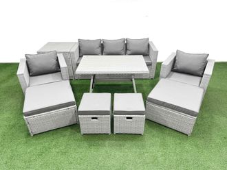 Fimous 9 Pieces Outdoor PE Rattan Sofa Armchair Set with Side Table 4 Stools in Light Grey