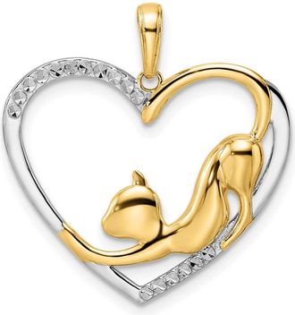 Diamond2Deal 14k Yellow Gold White Rhodium Diamond-cut Cat Stretching in Heart Pendant