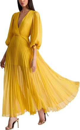Alice & Olivia Alice + Olivia Nya Deep V Hi Slit Pleated Maxi Dress