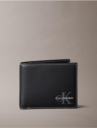 Calvin Klein Mens Monologo Bifold Wallet with Coin Pouch - Black