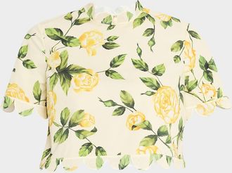 Oscar De La Renta English Roses Scalloped Crop Poplin Blouse