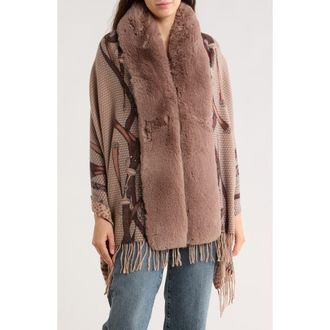 La Fiorentina Chain Print Fringe Wool Wrap with Faux Fur Trim in Camel at Nordstrom Rack