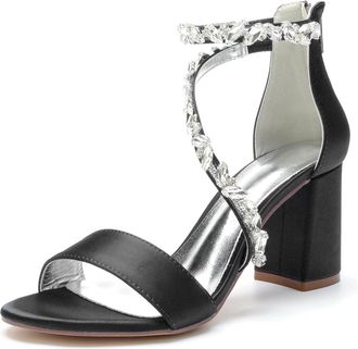 Generic Womens Rhinestones Bridal Heels 8Cm Chunky Block Heels Ankle Strap Wedding Party Prom Dressy Sandals with Back Zipper,Black,10 UK