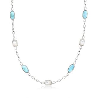 Ross-Simons Mother-Of-Pearl and Larimar Station Necklace in Sterling Silver