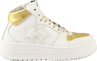 2Star White/Gold Metallic Accent Leather Mid-Top Sneakers