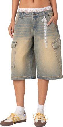 Edikted Lace Boxer Waist Nonstretch Denim Bermuda Shorts in Blue-Vintage-Washed at Nordstrom, Size X-Large
