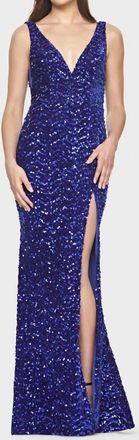 Faviana Deep V Neck Sequin Prom Dress In Navy