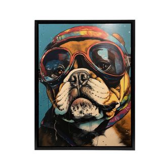 Artery8 Bulldog Dog With Retro Motorcycle Goggles Framed Canvas Wall Art Print in Blue | Size: W24 x H32