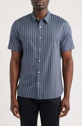 Vince Marin Stripe Short Sleeve Cotton Blend Button-Up Shirt in 445Vbc-Venice Blue Combo at Nordstrom, Size Xx-Large