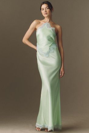 Retrof&ecirc;te Everly Halter Lace-Trim Satin Maxi Dress