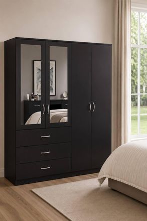 Home Discount Vida Designs Riano 4 Door 3 Drawer Mirrored Wardrobe Bedroom Furniture in Black