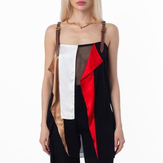 Burberry Black Leather Detail Colour Block Silk Top, Brand Size 4 (US Size 2)