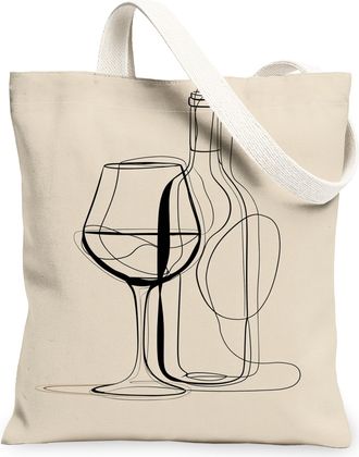 Generic Minimalistic Canvas Tote Bags, Wine Glass and Bottle Line Art Design, Lightweight Washable Shoulder Strap Bags for Grocery, Beige, 13x15 Inch
