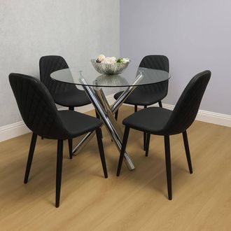 Kosy Koala Round Clear Glass Dining Table Set with 4 Black Faux Leather Chairs