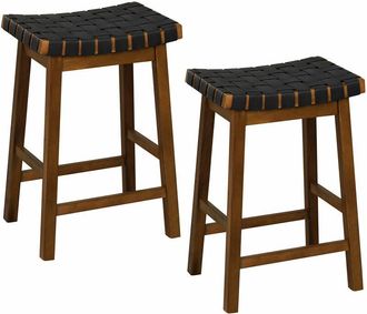 Costway Costway - Set of 2 Woven Saddle Stools Faux pu Leather Counter Height Stools 65cm Barstool
