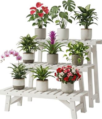 Relaxdays Relaxdays Soporte Para Plantas, Set De 3 Pzas., Altura: 19,5 / 33 / 49 Cm, Madera De Abeto, Blanco, Interior Y Exterior