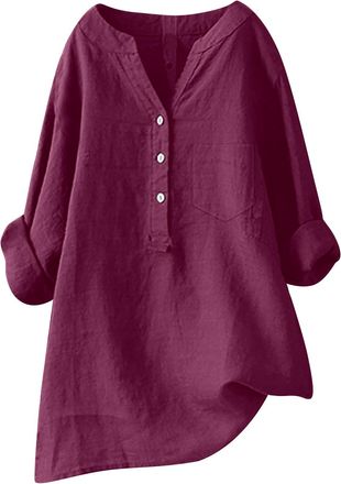 Generic Women Loose Solid Linen Shirt Long Sleeve Button Up Mandarin Collar Top Athletic Short Sleeve Shirt Women Wine