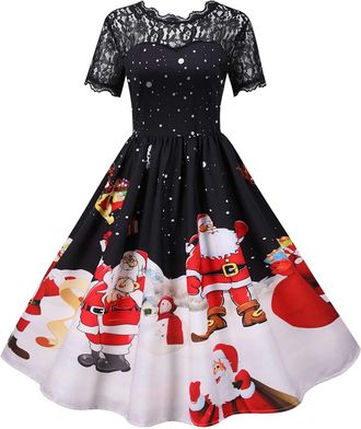 Generic Women Christmas Dresses UK Ladies Short Sleeve Santa Xmas Dresses Elegant Lace Patchwork Round Neck Flared A Line 1950s Swing Dress Christmas Costume 